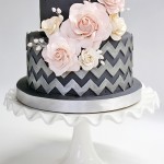 Beautiful Silver Chevron Wedding Cake With Pink Flowers