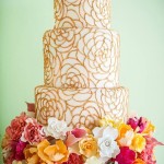 Gold Wedding Cake with Flower Lace Patterns