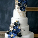 White Blue Gold Wedding Cake