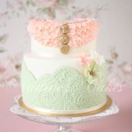 Pink Ruffle and Green Lace Vintage Wedding Cake