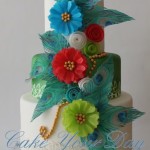 Peacock Feathers and Flowers Cake