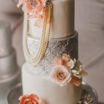 Silver and Ivory Cake with Peach Flowers and Pearls