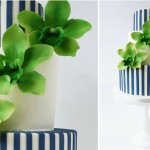 Navy and White Wedding Cake Striped with Green Orchids by Suzanne Esper Cakes